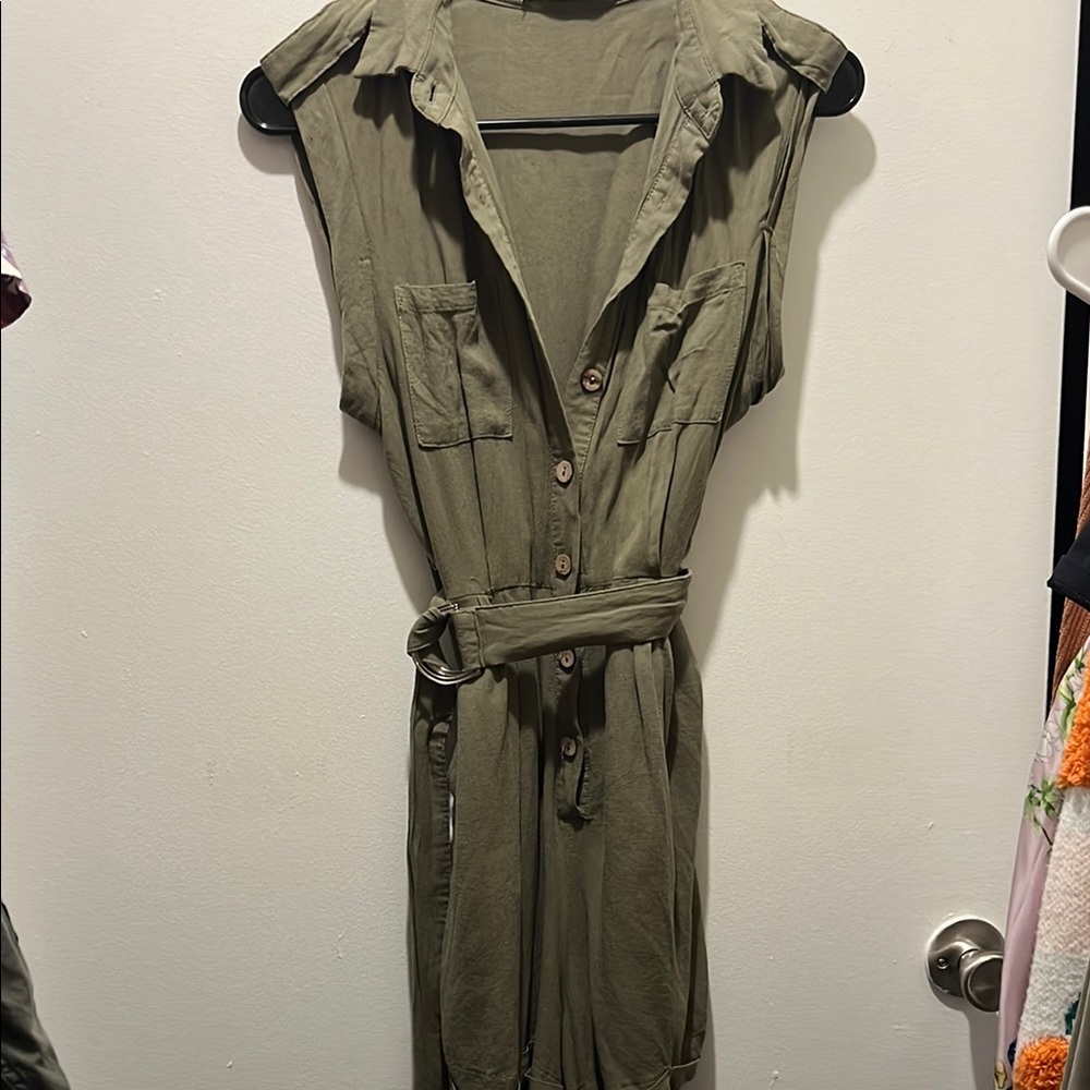 Olive Green Sleeveless Button-Up Romper
